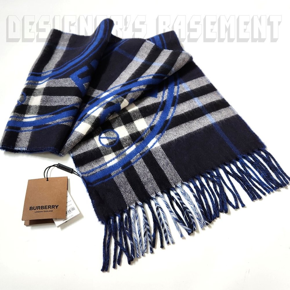 BURBERRY gray ROUNDEL GIANT CHECK reversible to blue LOGO Cashmere 12x66" Scarf - Picture 2 of 7